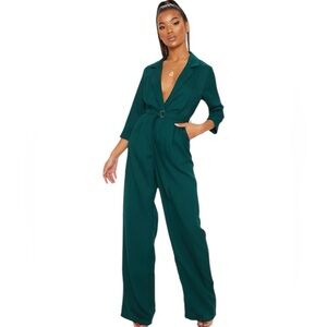Pretty Little Thing Emerald Green Woven Plunge Wide Leg Long Sleeve Jumpsuit
